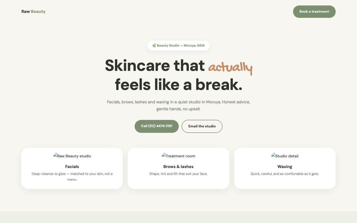 Raw Beauty Moruya concept website